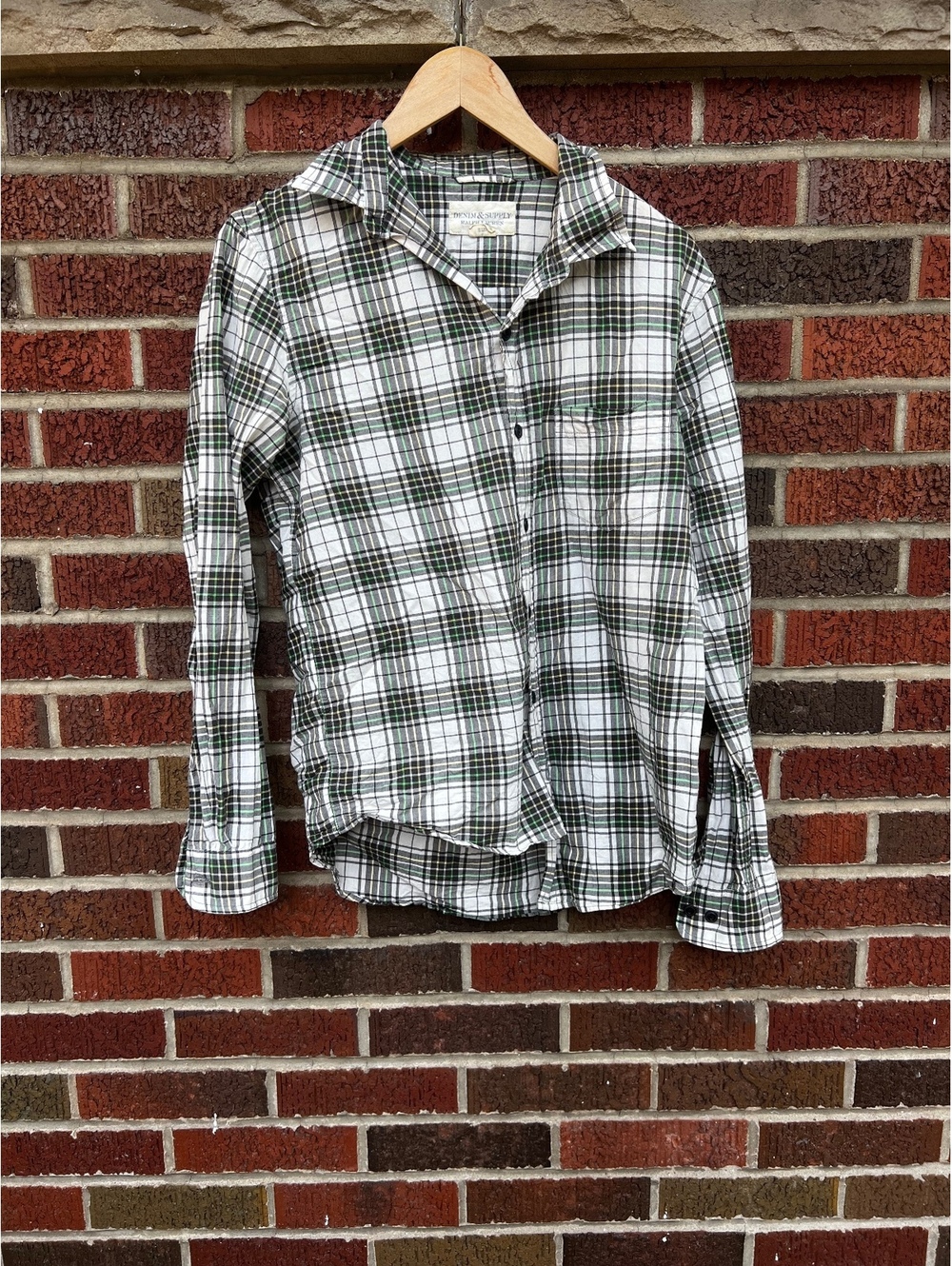 Denim & Supply White and Olive Green Plaid Button Down Shirt